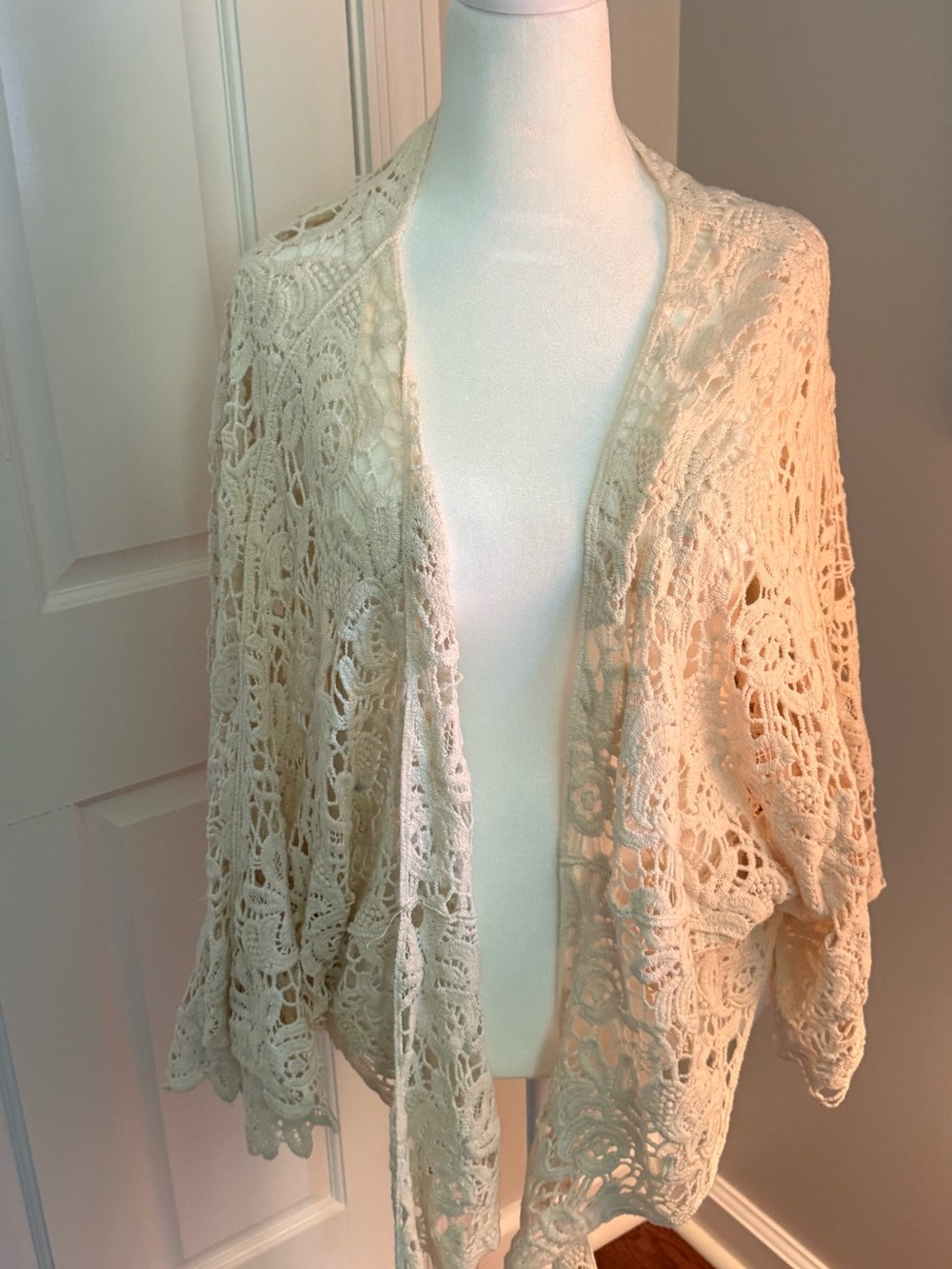 Open-Front Crochet Lace Jacket in Cream
